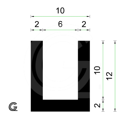 Rubber U Profiel | binnenmaat 6 mm | hoogte 12 mm | dikte 2 mm | Per Meter